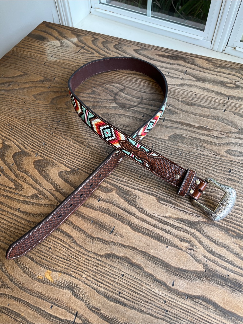 Nocona Brown tooled Leather with Colorful Beaded design southwest western 42